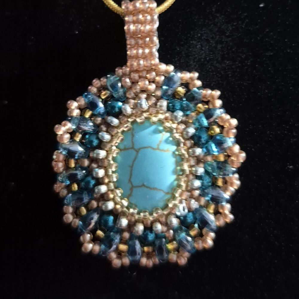 Handmade Imitation Turquoise Seed Bead Crystal Duo Pendant Necklace 18" Goldtone
